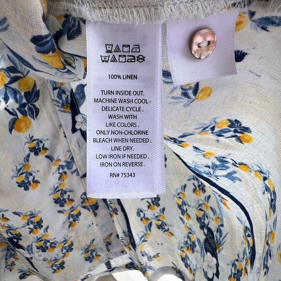 Izacc Mizrahi Linen Button Top Plus White Blue Floral Bird Lemon Short Sleeve - Picture 5 of 5
